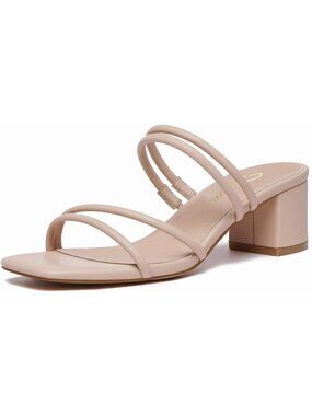 Women's Nude Block Chunky Heels Square Open Toe Strappy Heel Slip On Shoes